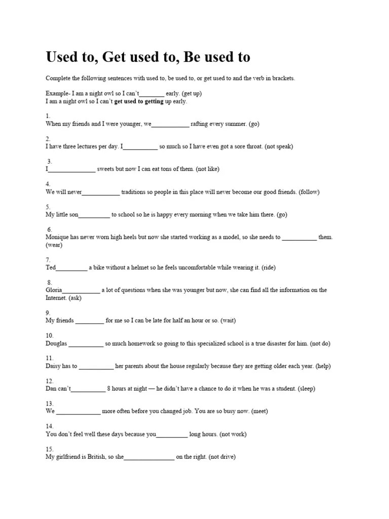 Used To, Get Used To & Be Used To Exercises WS 1 ILI MD E4 Grammar