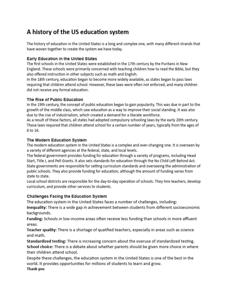 A History of The US Education System PDF Education In The United