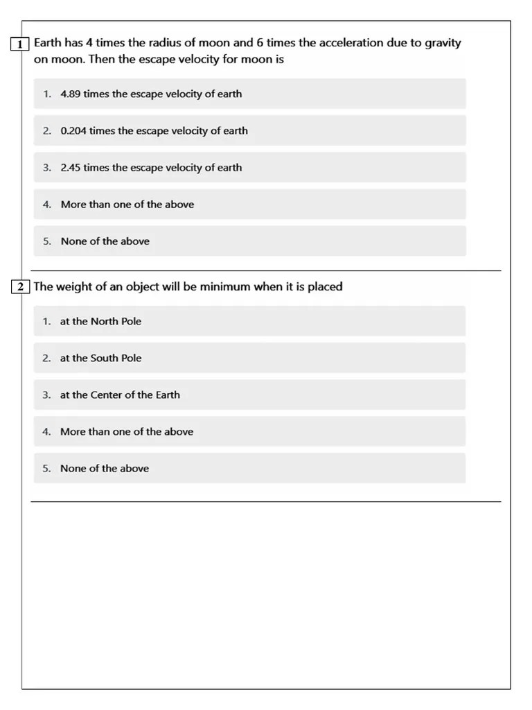 Questions On Gravitational Force PDF