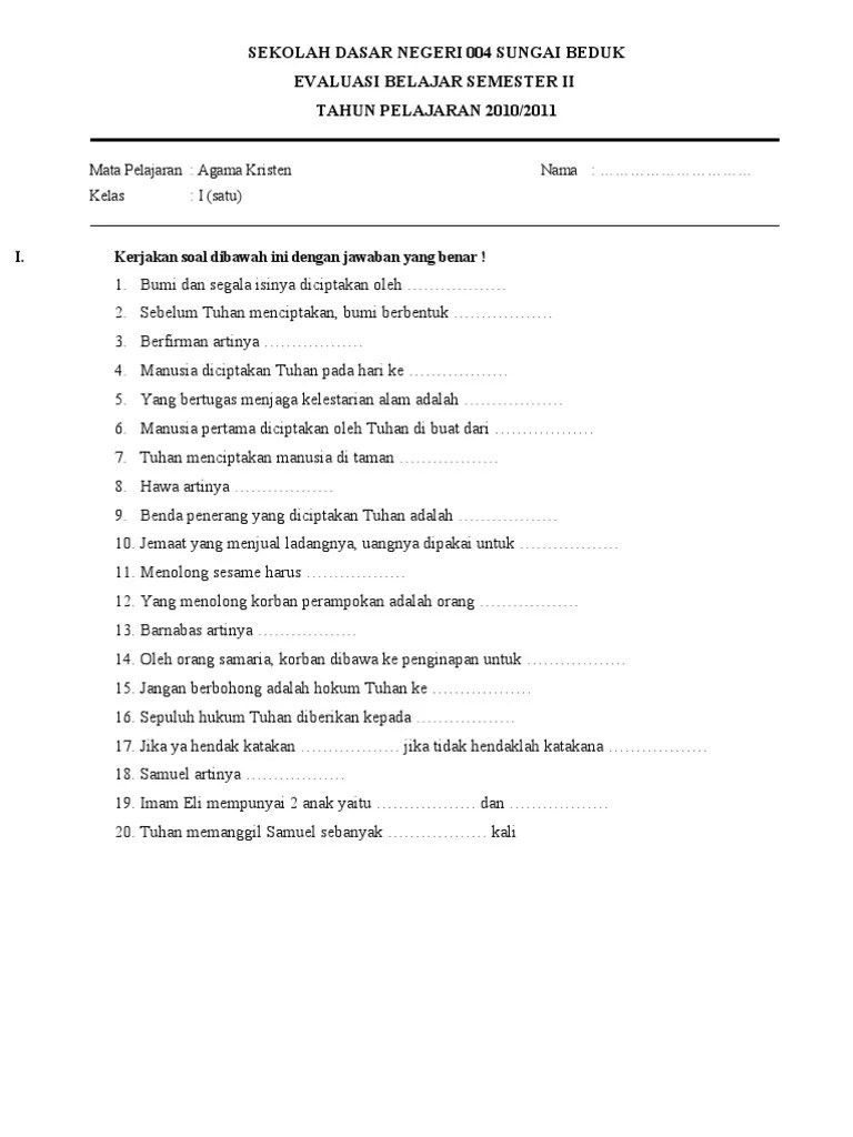 Soal Uas Agama Kristen Kelas 2 Sd Semester 1 Doc Bright