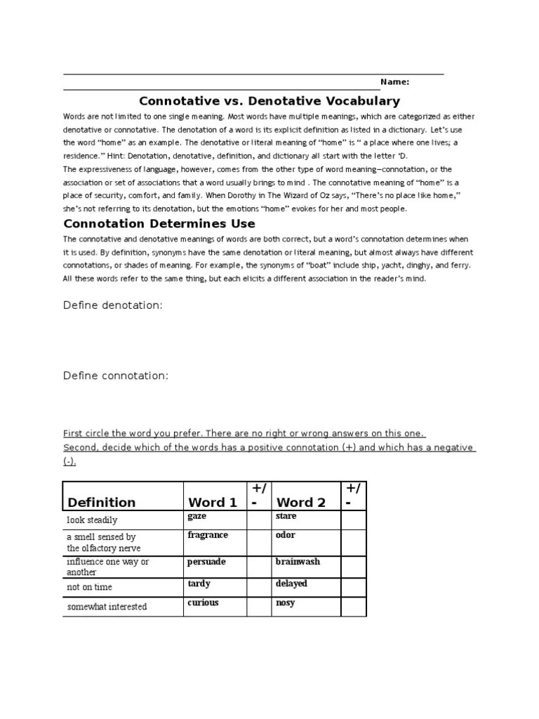 Connotation Worksheet PDF