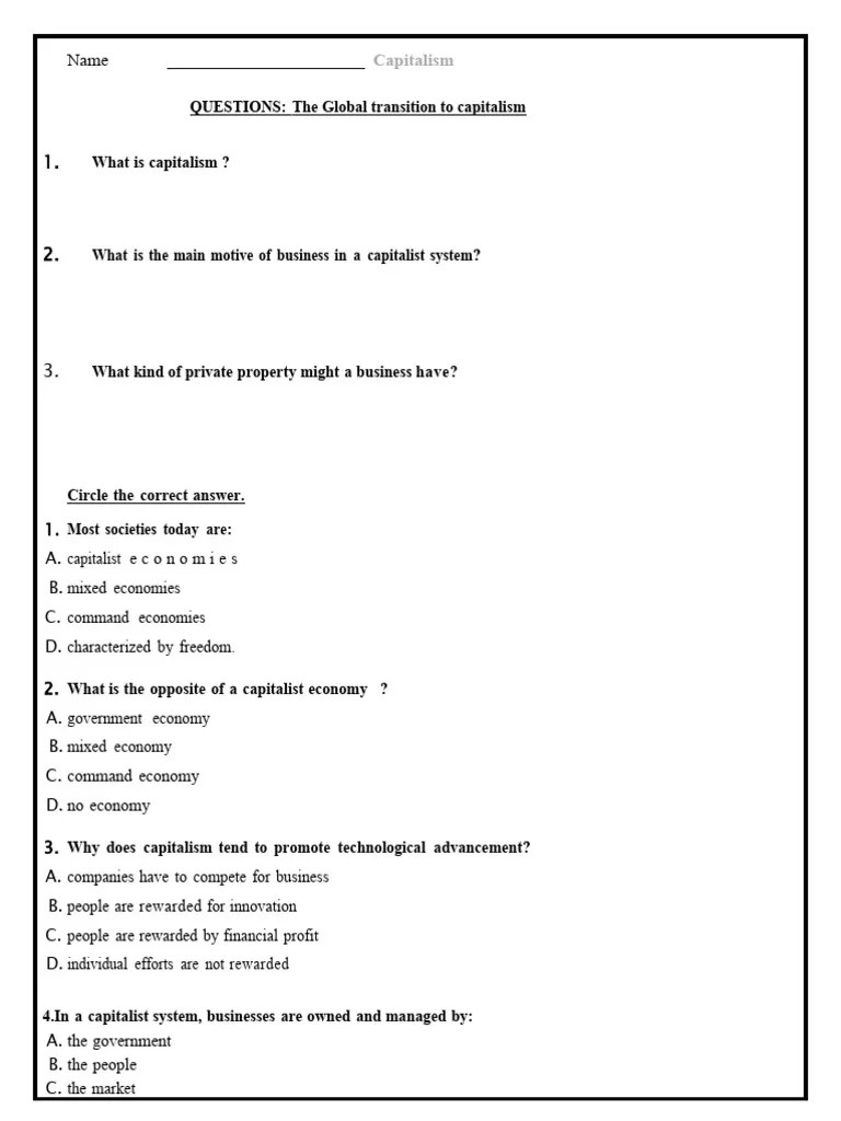 Capitalism Worksheet PDF