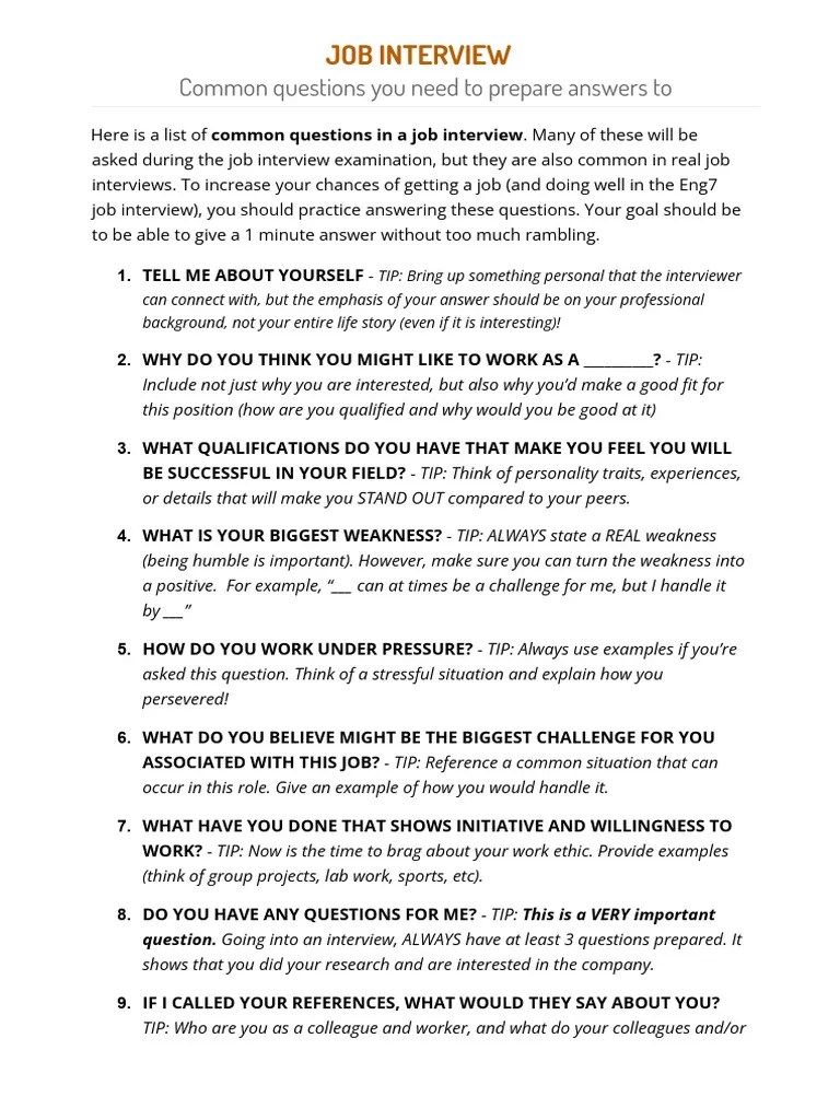 7 Common Questions Job Interview PDF Job Interview Cognition
