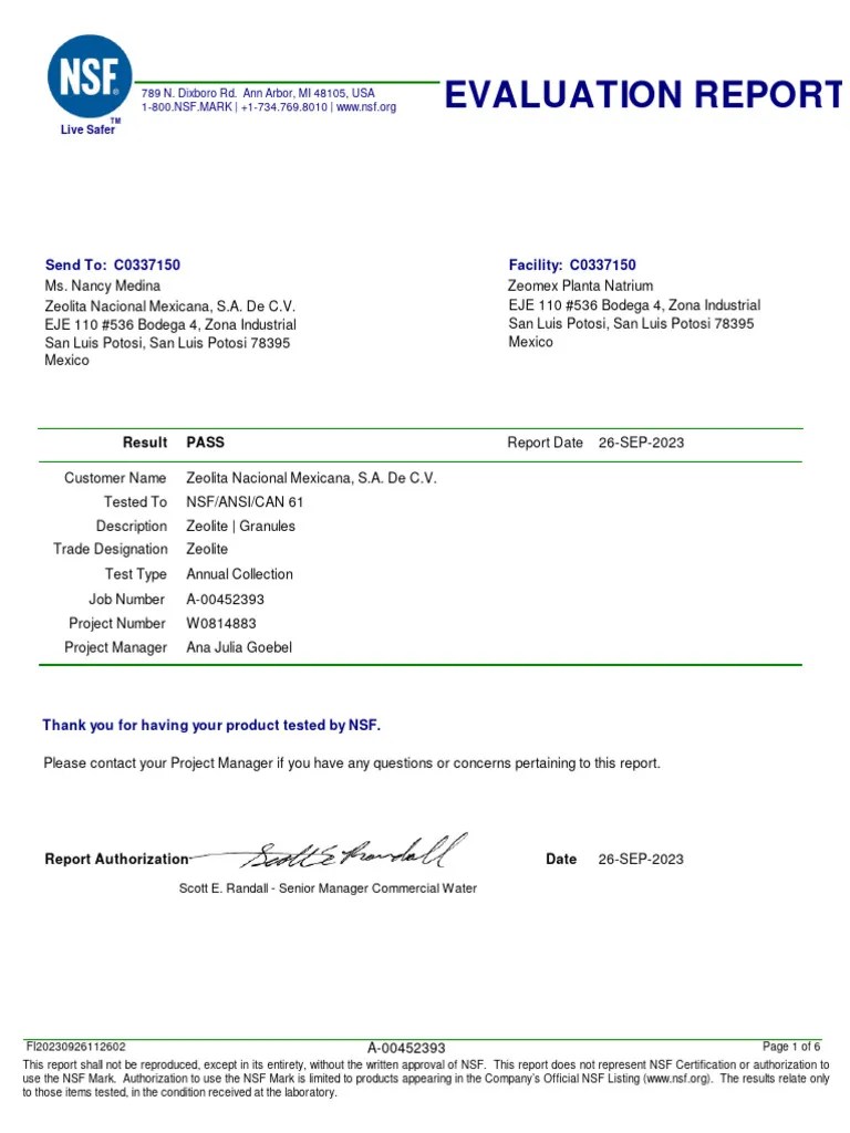 Test Report NSF PDF Chemistry Chemical Substances