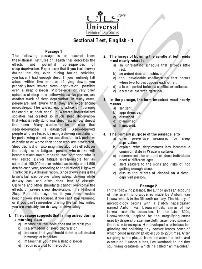 Sectional Test English1 PDF Sleep Deprivation Doctor Of Medicine