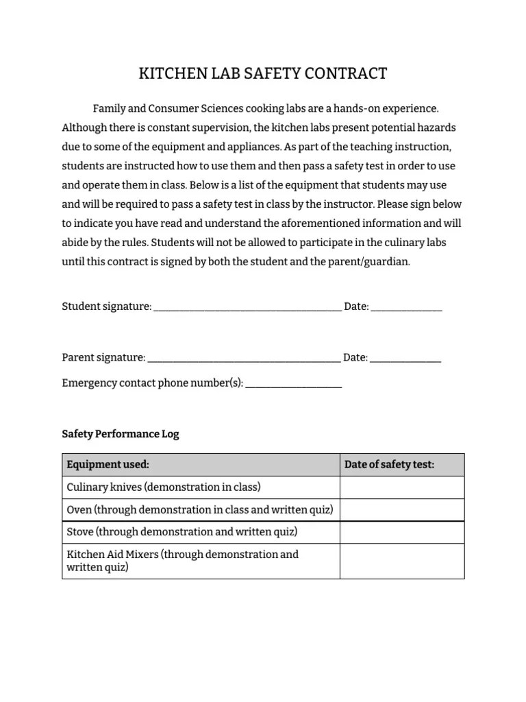 Food Lab Safety Contract PDF Kitchen Waste