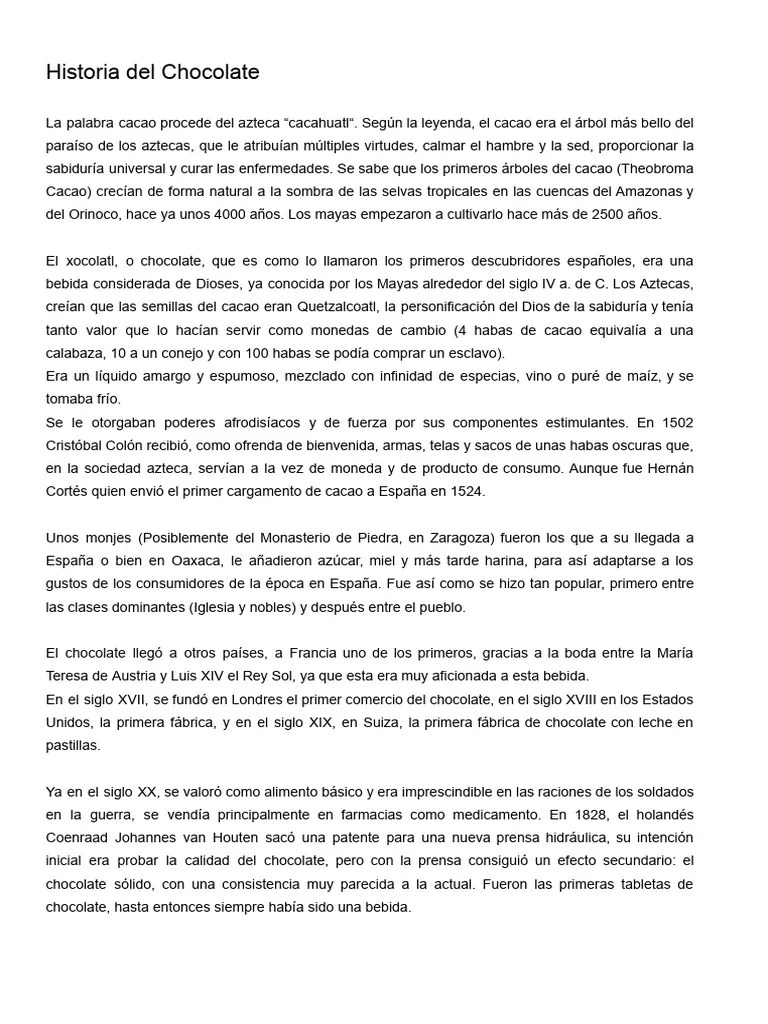 Historia Del Chocolate PDF Theobroma Comida y bebida