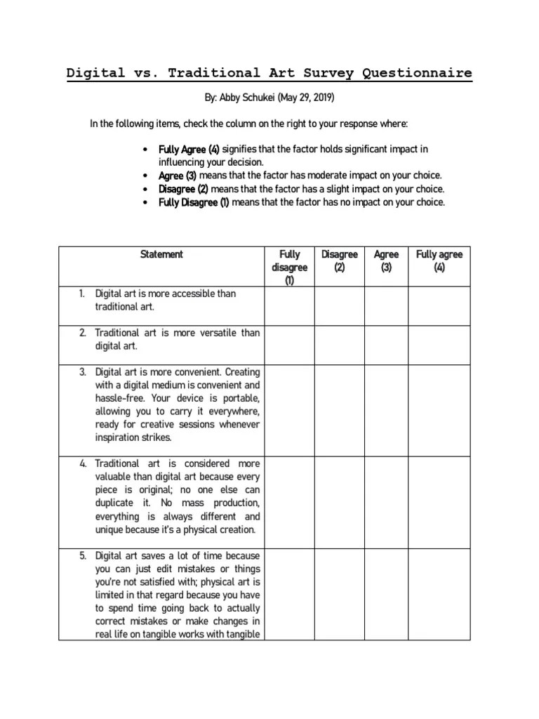 Digital vs. Traditional Art Survey Questionnaire PDF Human