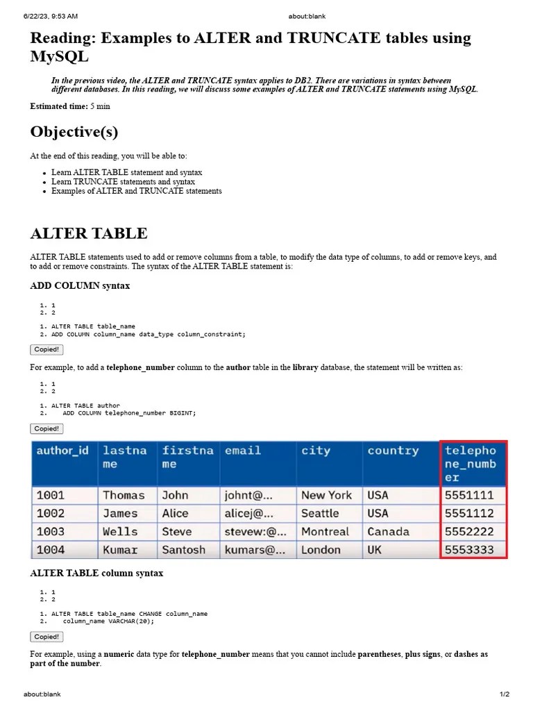 Examples To ALTER and TRUNCATE Tables Using MySQL PDF Table