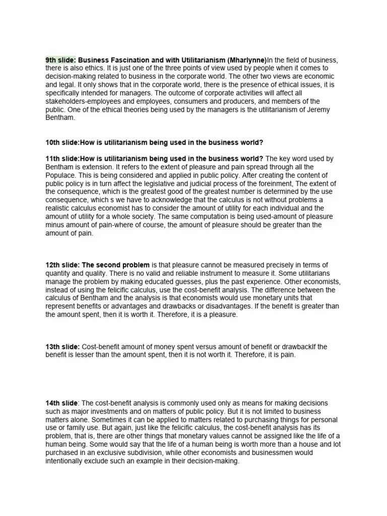 9th Slide PDF Utilitarianism CostBenefit Analysis