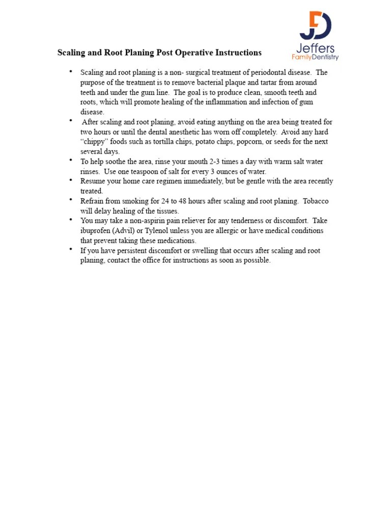 Scaling and Root Planing Post Operative Instructions PDF
