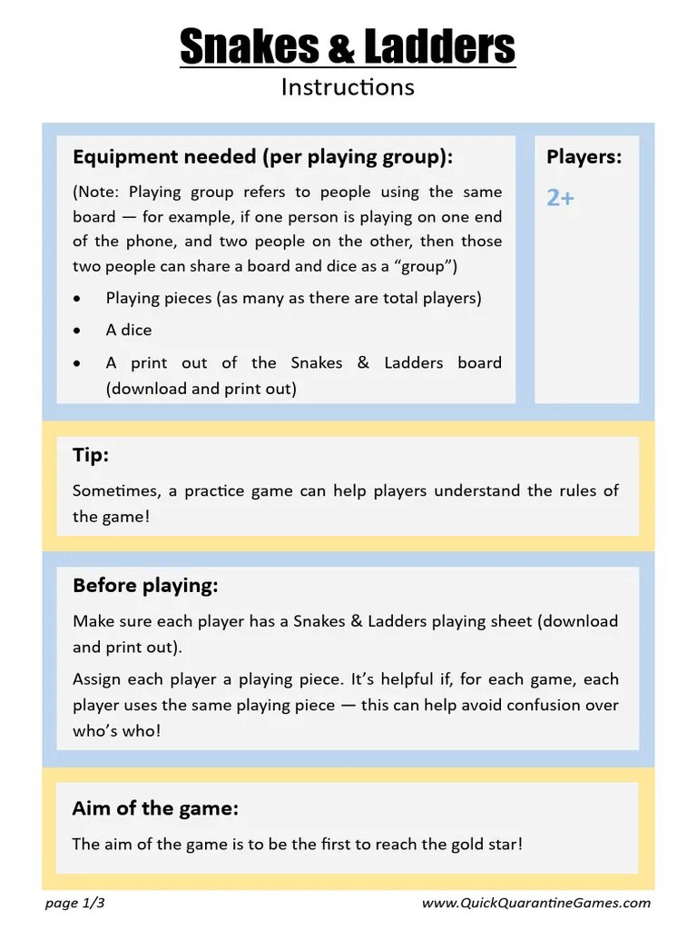 Snakes Ladders Instructions PDF