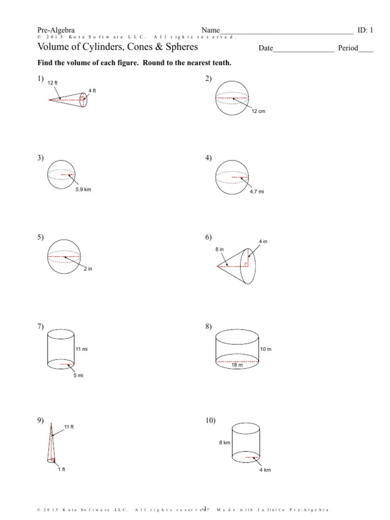 Volume of Cylinders Cones and Spheres Worksheet PDF Sphere Geometric Shapes