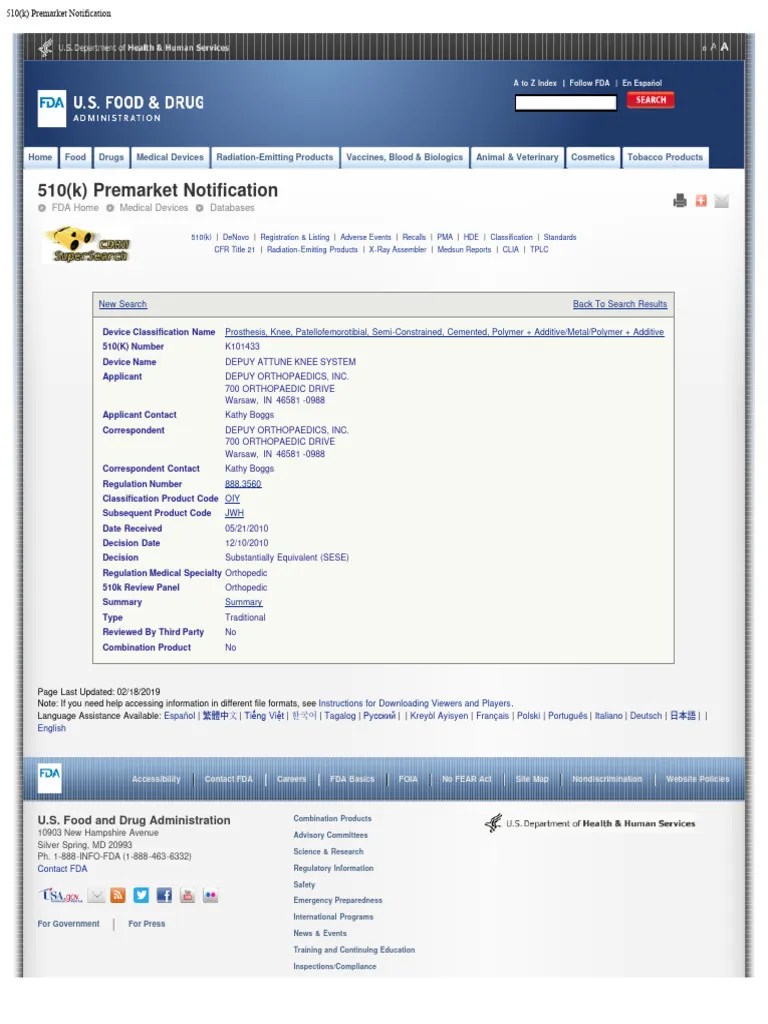 510 (K) Premarket Notification FDA Home Medical Devices Databases PDF Federal Food Knee