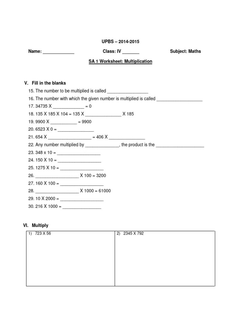 CBSE Class 4 Maths Revision Worksheet (89) Multiplication PDF