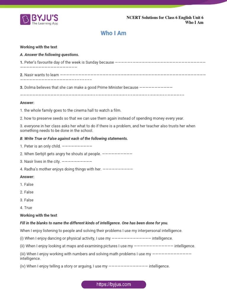 NCERT Solutions For Class 6 English Unit 6 Who I Am | PDF