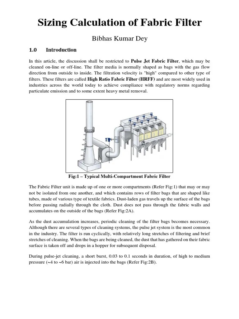 Sizing Calculation of Fabric Filter PDF Filtration Drag (Physics)