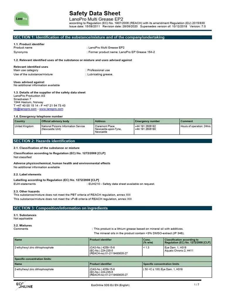 LanoPro Multi Grease EP2 MSDS PDF Dangerous Goods Workplace