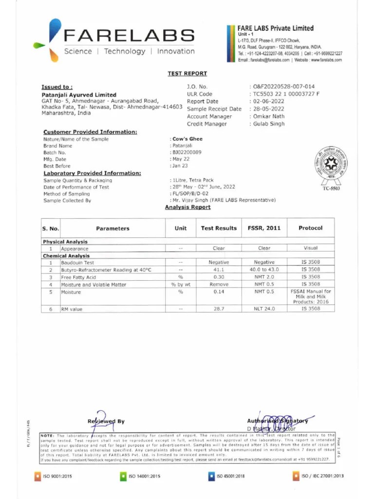 Test Report of Cow's Ghee(007014) PDF