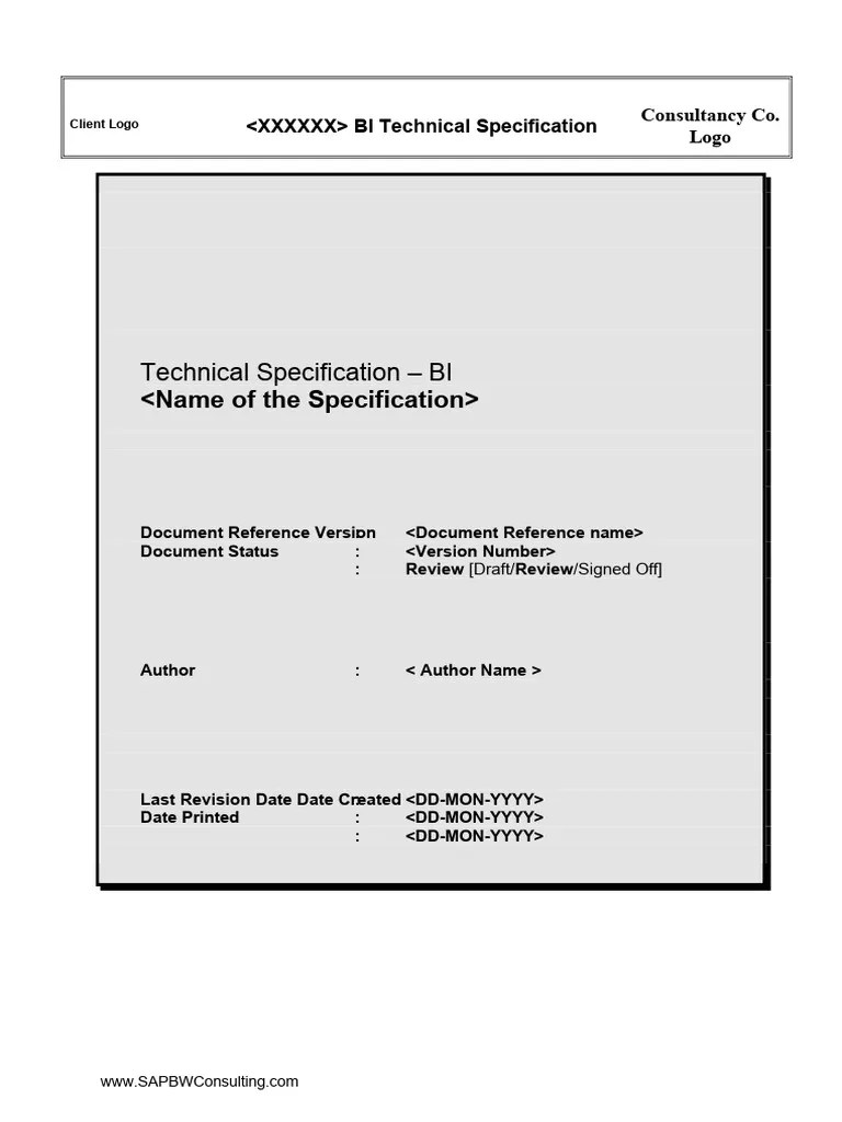 Sapbw Technical Specification Template PDF Specification (Technical