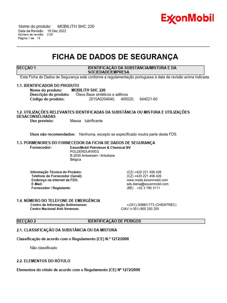 Mobilith SHC 220 Msds 2020 PDF