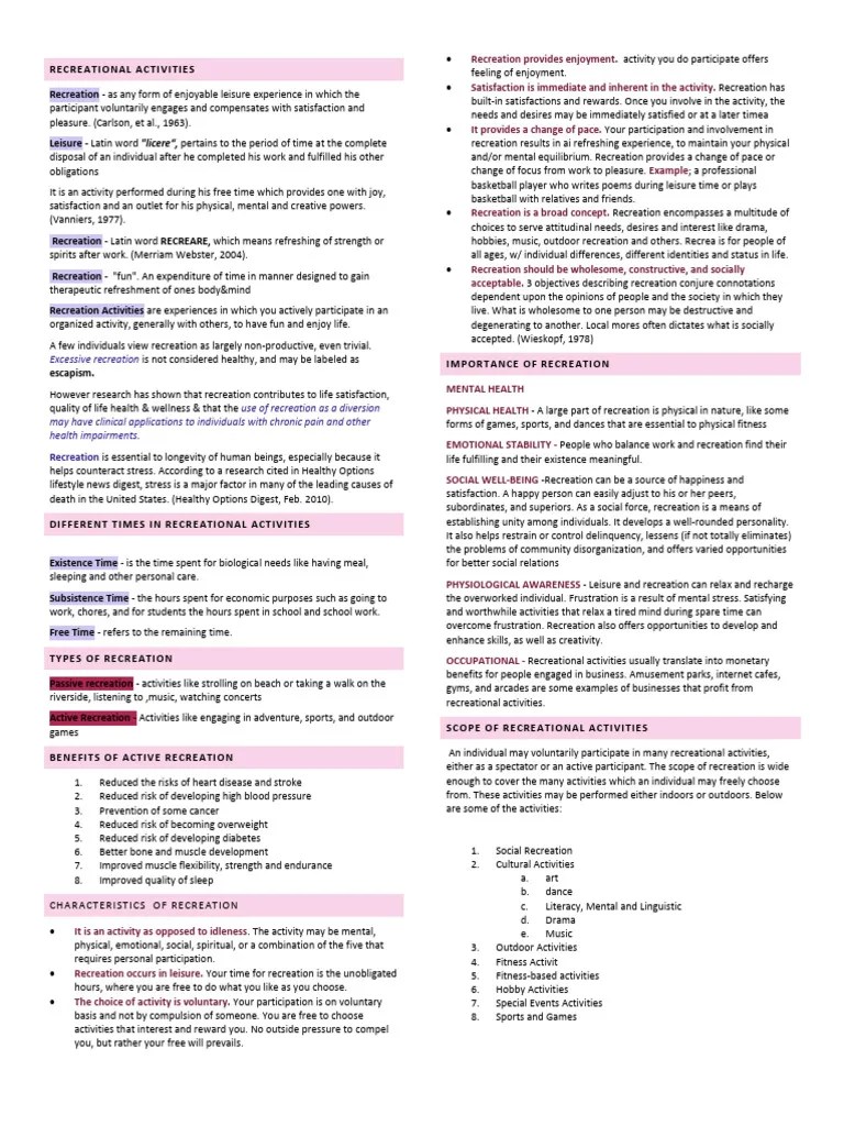 Notes Recreational Activities PDF Recreation Leisure