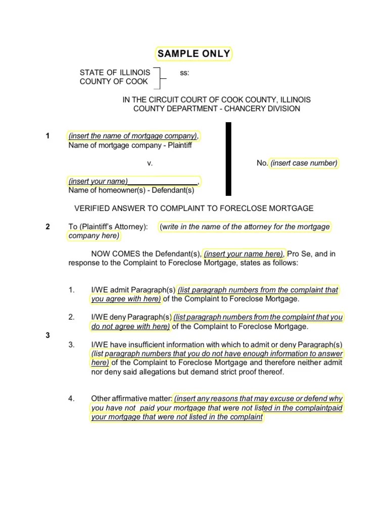 SampleForeclosureAnswer PDF Foreclosure Complaint