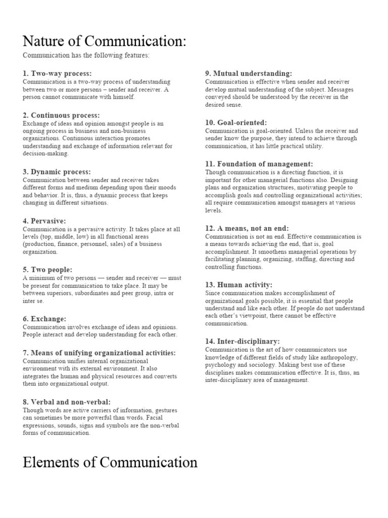 Nature and Elements of Communication PDF Communication Nonverbal