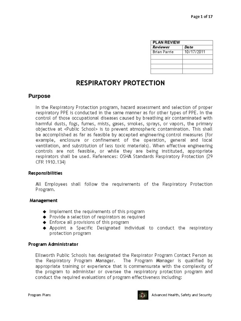 Ellsworth Respiratory Protection Plan Personal Protective Equipment
