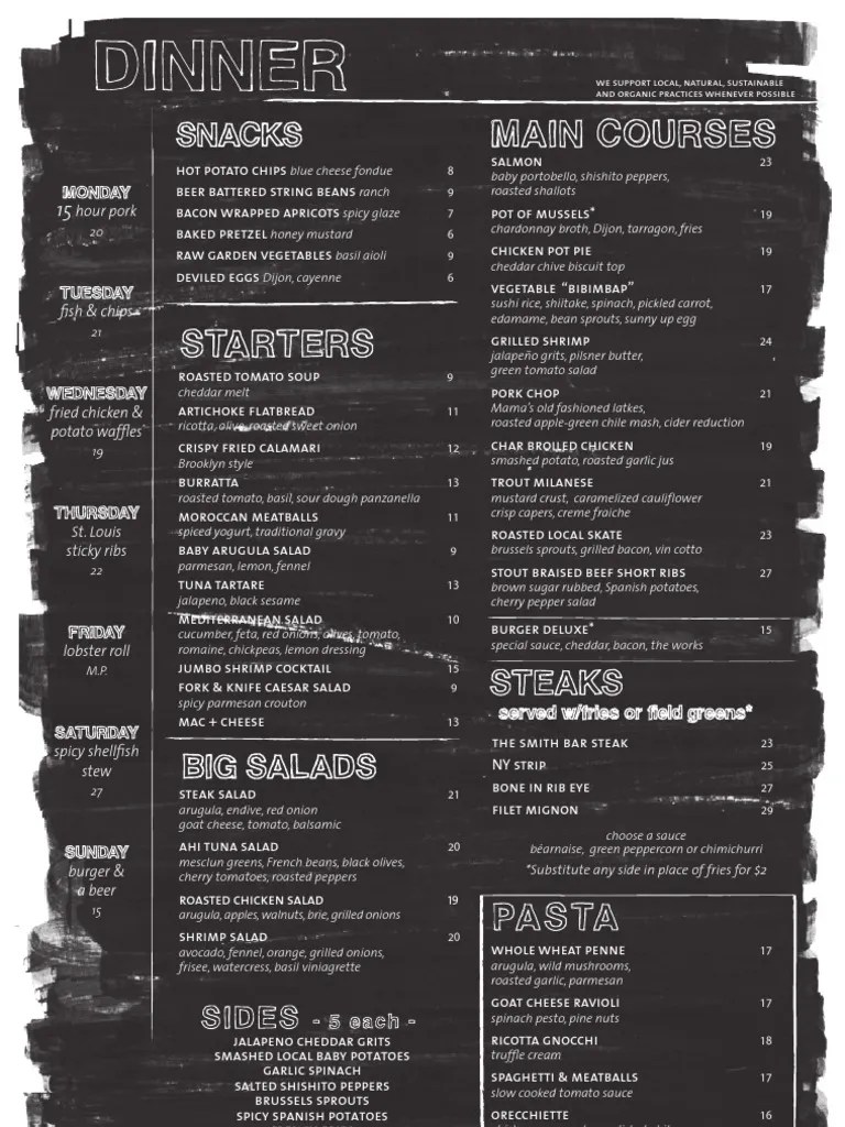 The Smith Dinner Menu French Fries Salad