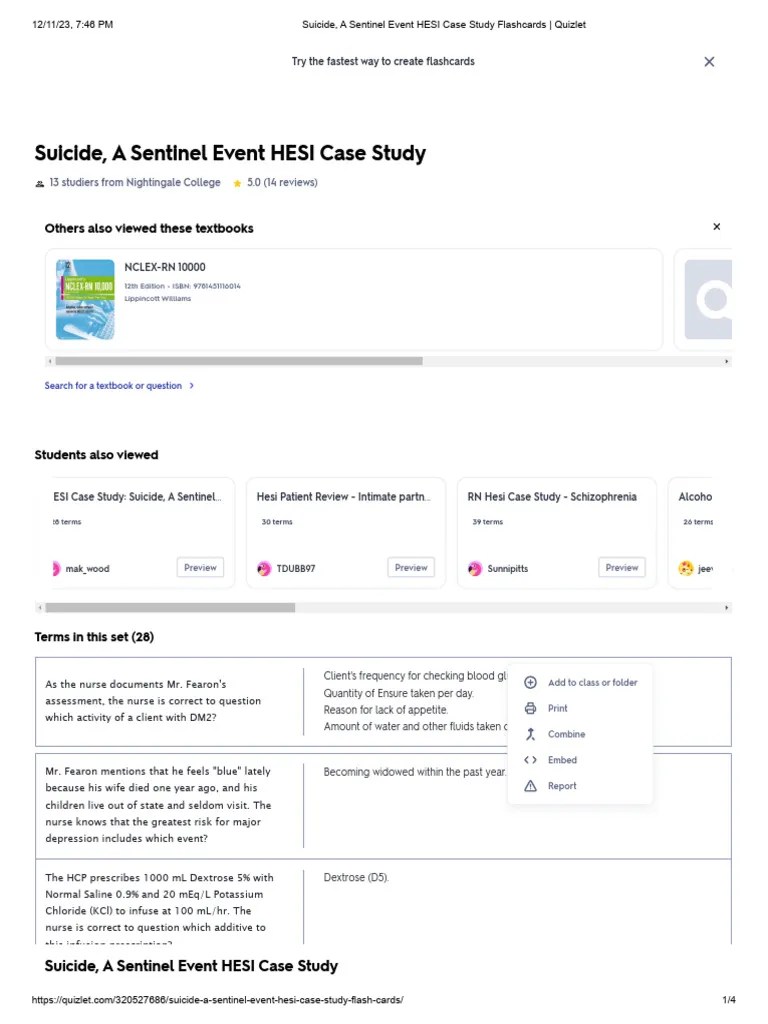 Suicide, A Sentinel Event HESI Case Study Flashcards PDF Palliative(02)