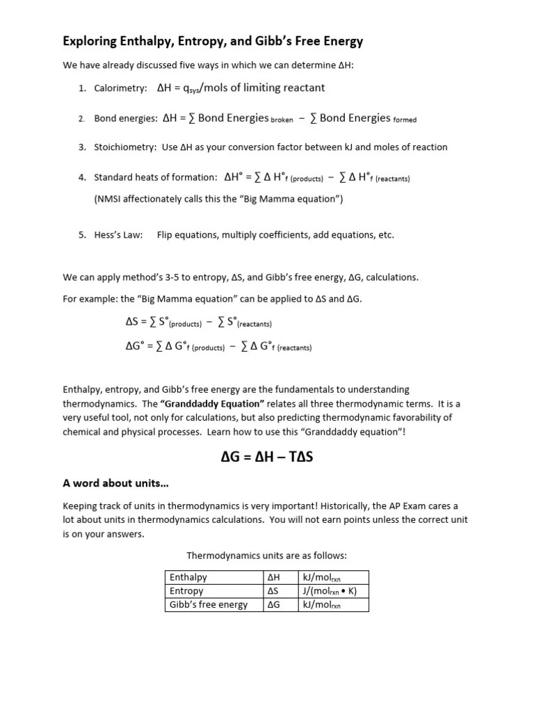 Exploring Enthalpy Entropy and Free Energy PDF Gibbs Free Energy Enthalpy