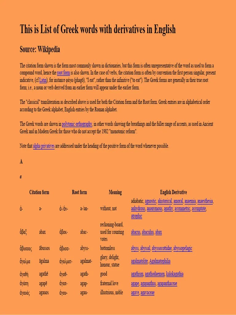 List of Greek Words With Derivatives in English 2 0 PDF