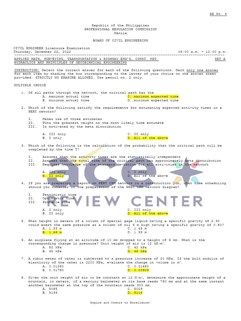 CE EVALUATION EXAM No. 4 - MGT, Fluid Properties, Hydrostatic Force