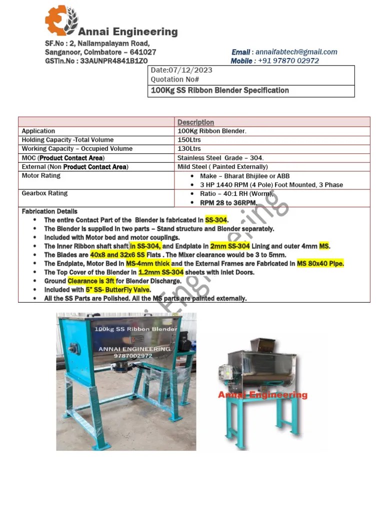 100Kg SS Ribbon Blender Specification PDF