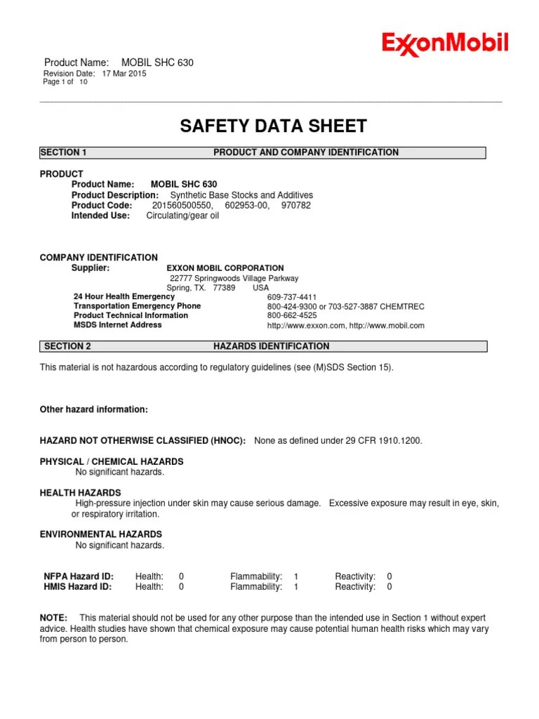 Mobil Shc 630 Sds PDF Occupational Safety And Health Chemistry