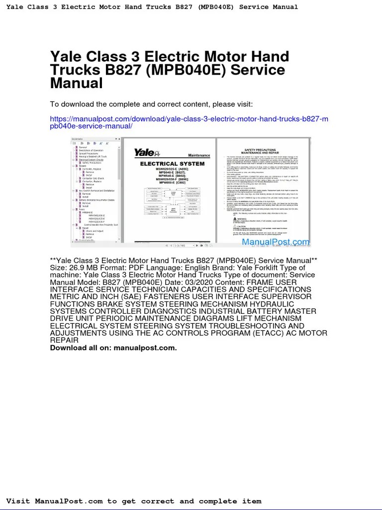 Yale Class 3 Electric Motor Hand Trucks b827 Mpb040e Service Manual