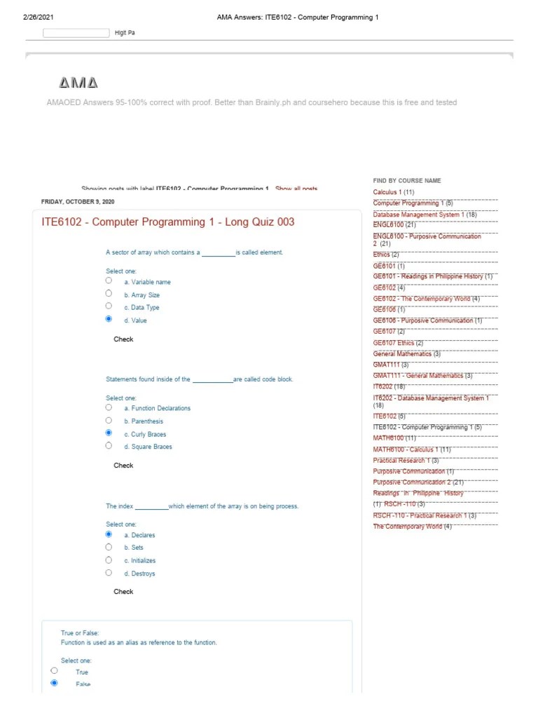 Ama Answers Ite6102 Computer Programming 1 Download Free PDF