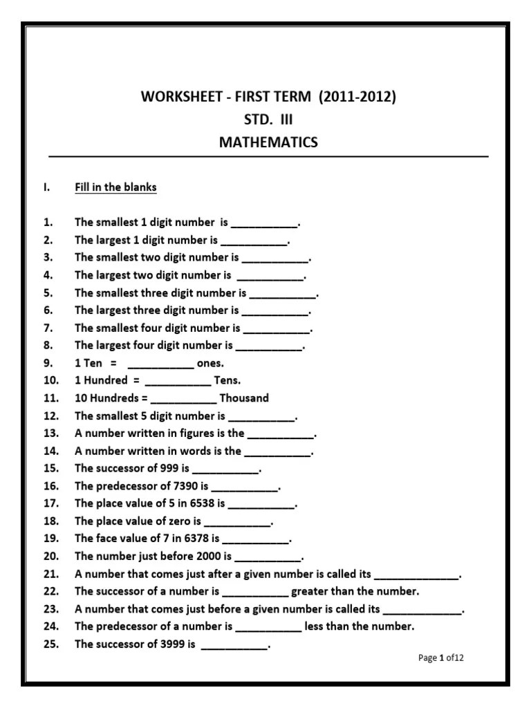 CBSE Class 3 Mathematics Worksheet (95) Revision PDF Numbers Triangle