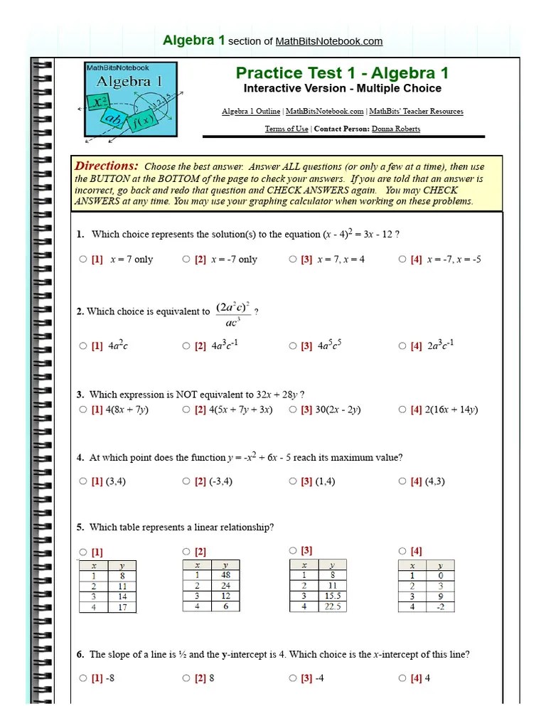 CCSS Algebra 1 Practice Test 1 - MathBitsNotebook (A1) | PDF