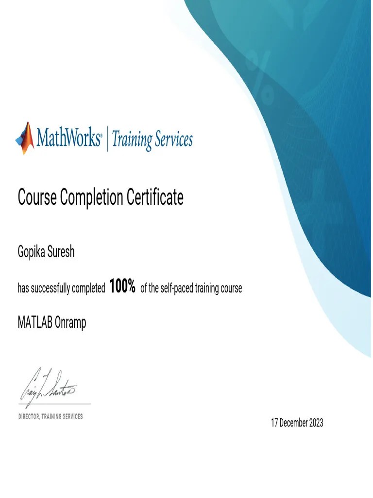 MATLAB COURSE certificate PDF