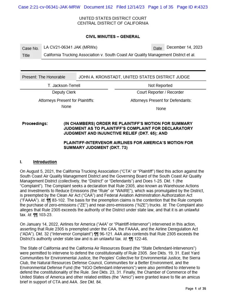 Federal Central District of California Ruling On Motion For Summary