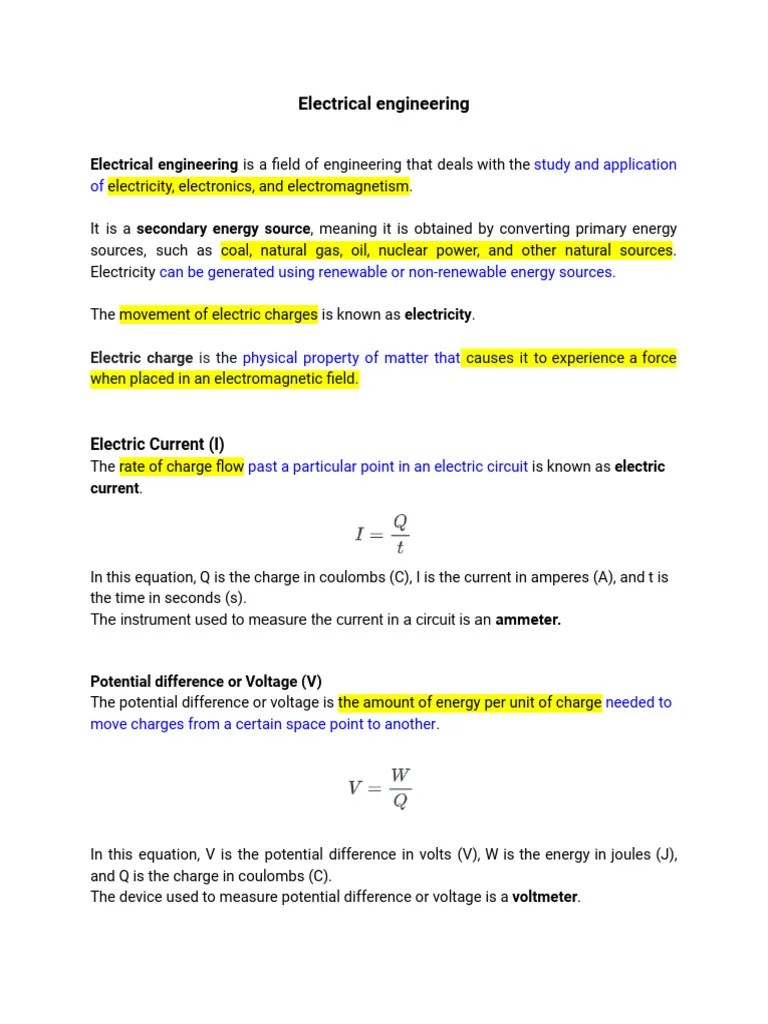 Electrical engineering basics PDF Voltage Electric Current
