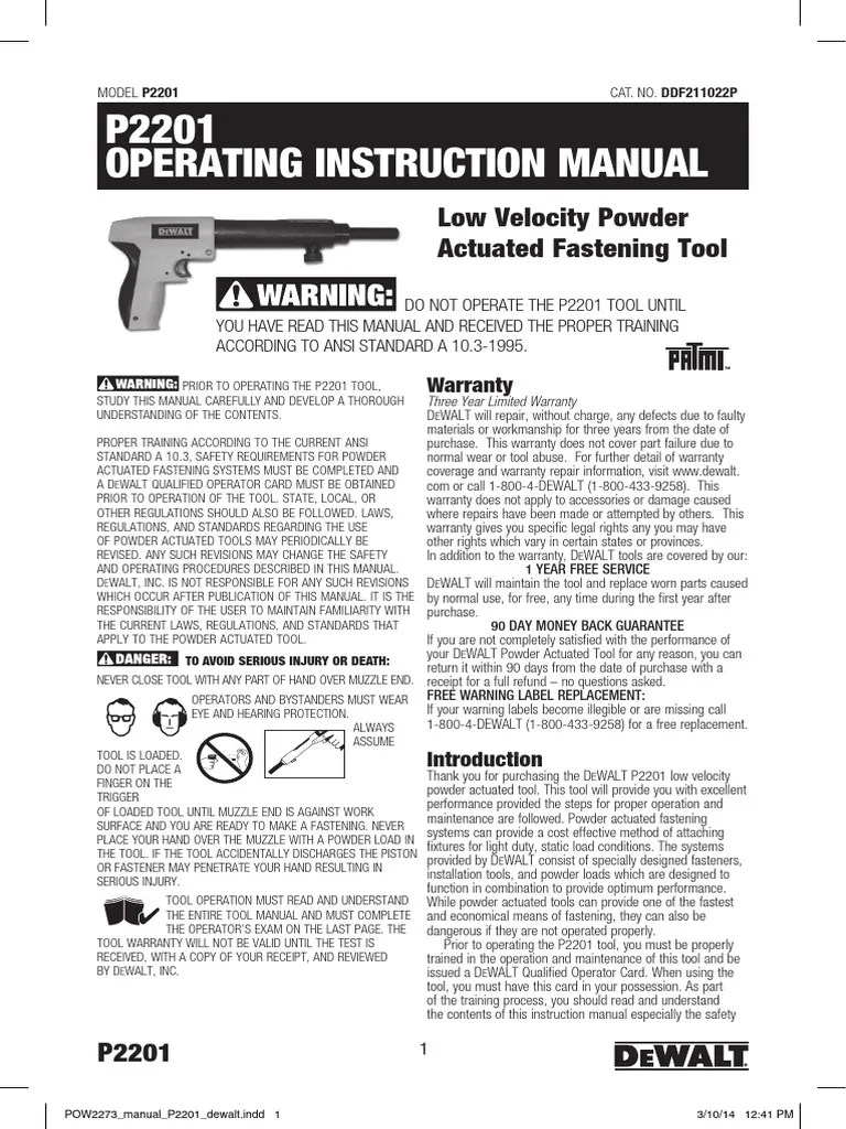 P2201 Operating Instruction Manual Low Velocity Powder Actuated Fastening Tool PDF Concrete