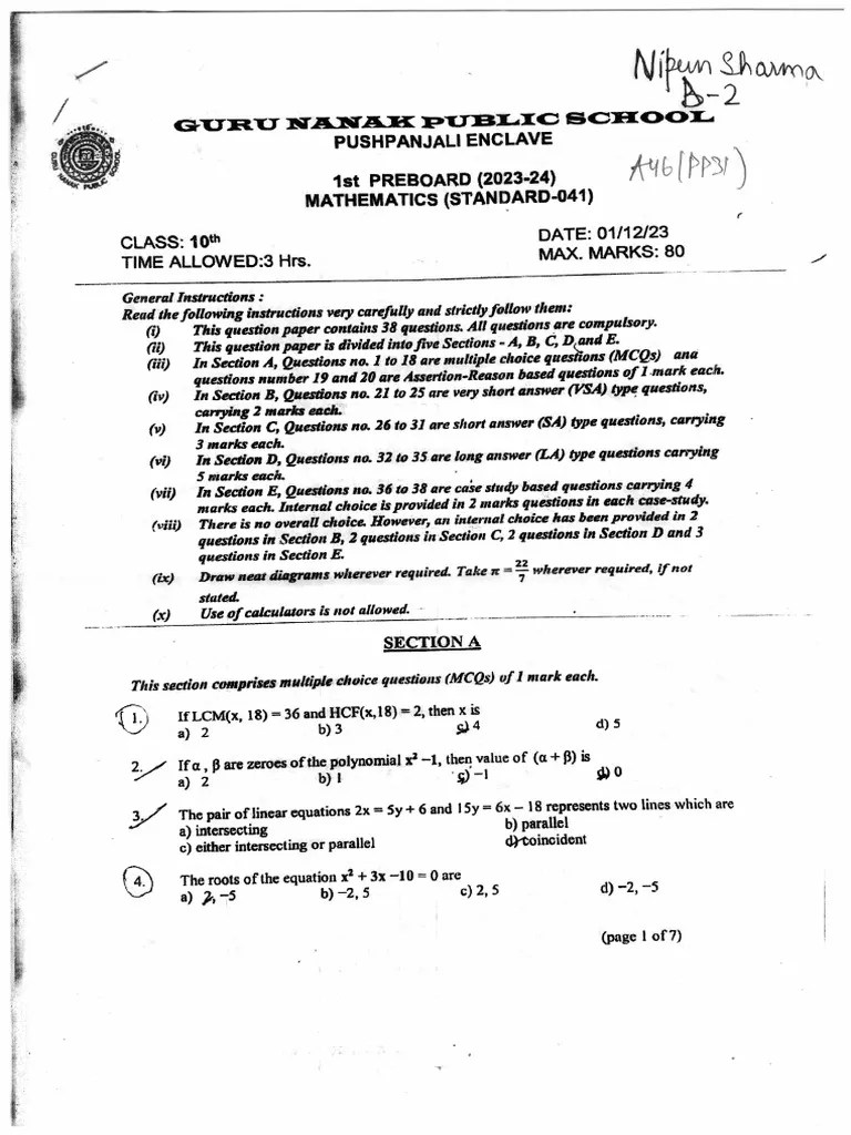 Practice Paper Class X Pre Board PDF