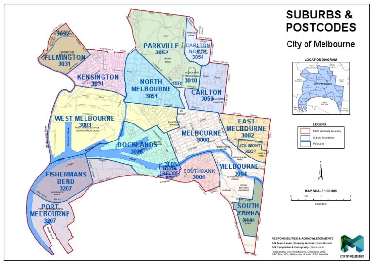 City of Melbourne Suburb and Postcode Boundary Map Melbourne