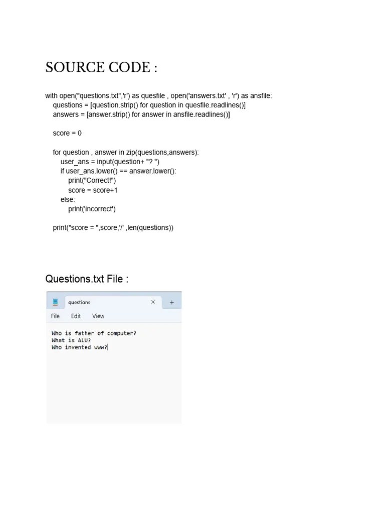 Source Code and Sample Output - Quiz Game | PDF