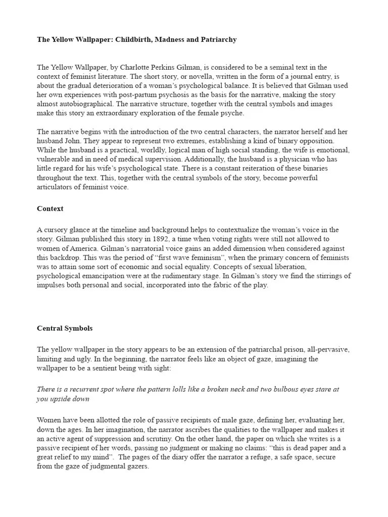 Yellow Walpaper Analysis PDF The Yellow Wallpaper Feminism