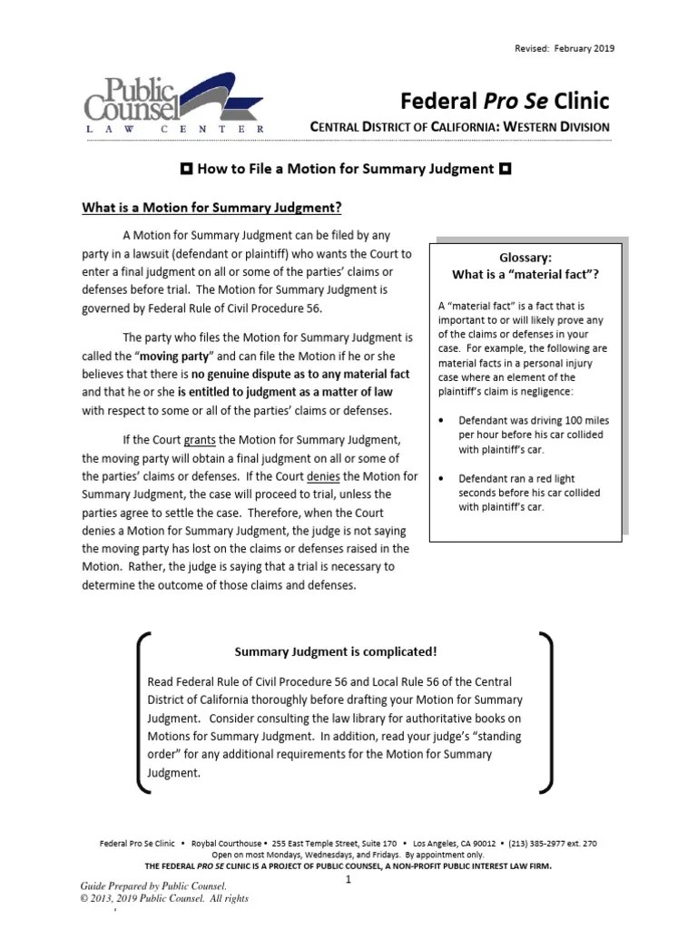 GuideHowtoFileaMotionforSummaryJudgment PDF Summary