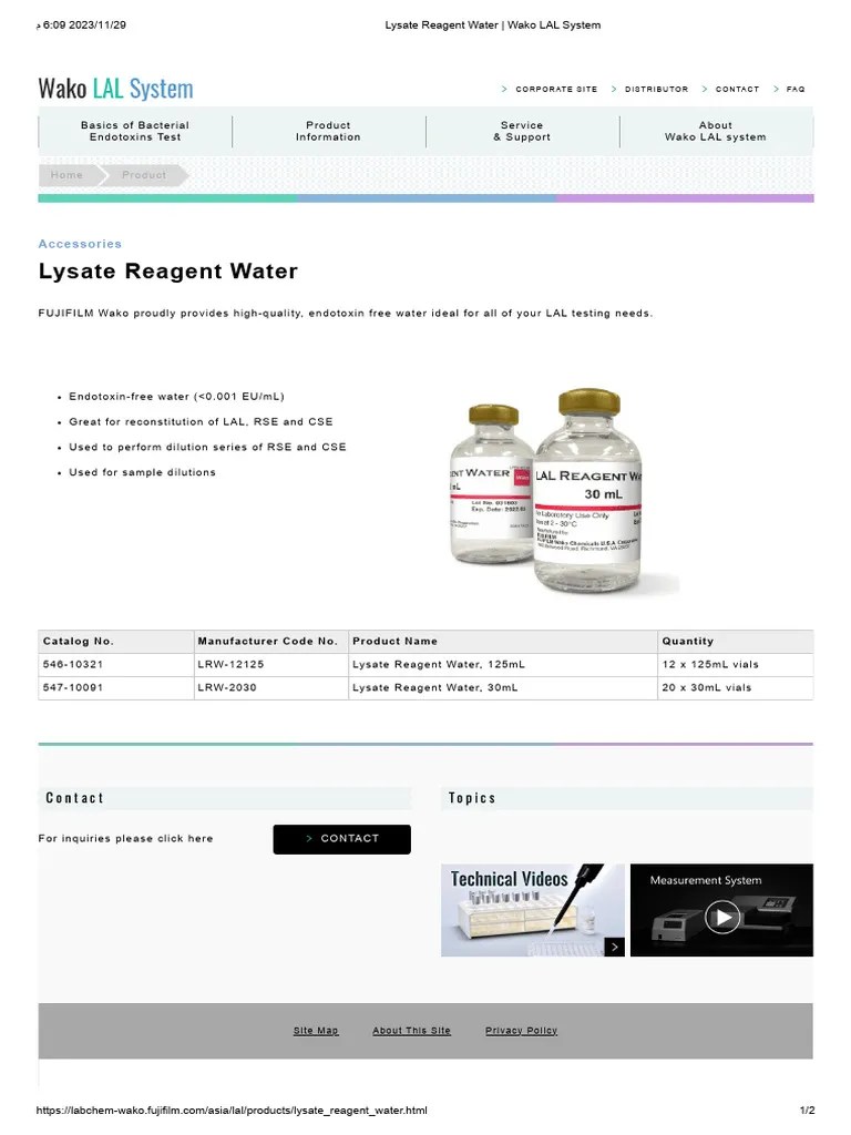Lysate Reagent Water Wako LAL System PDF